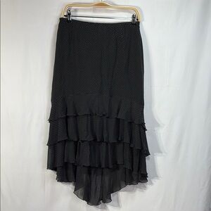 ✈️ Escada Black + white silk, polkadot, Tiered, High-Low Maxi Skirt